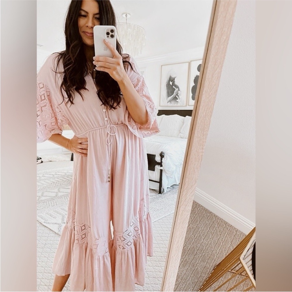 Free People Pink Lace-Sleeve Jumpsuit